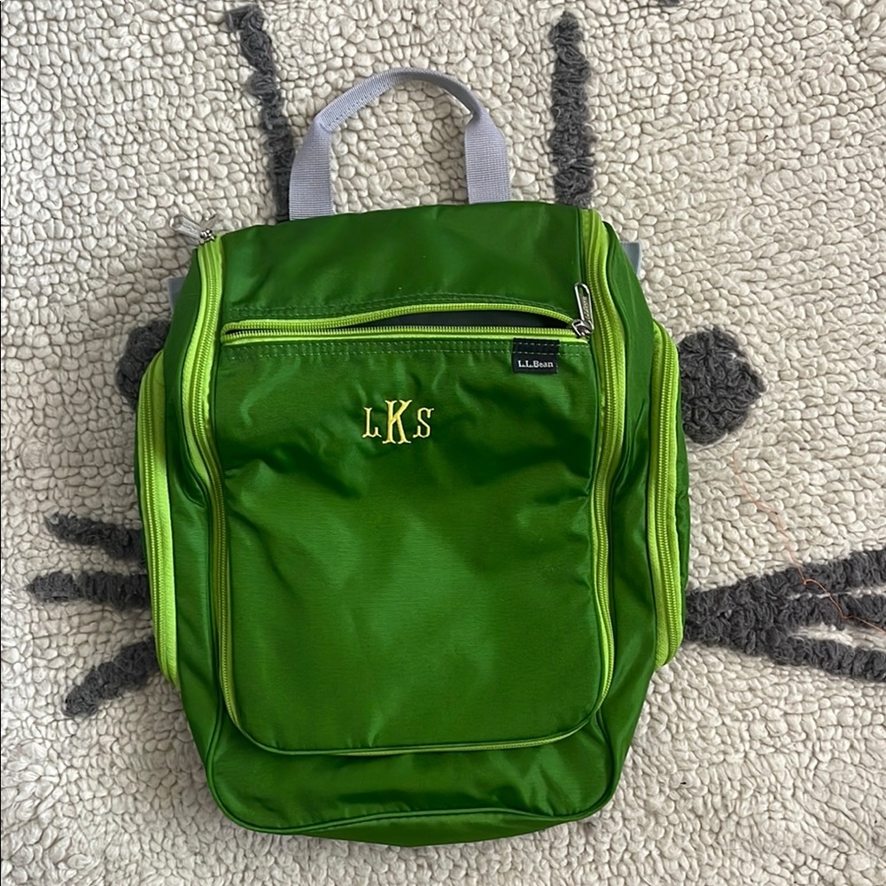 L.L. Bean Green travel toiletry hanging bag monogram LKS